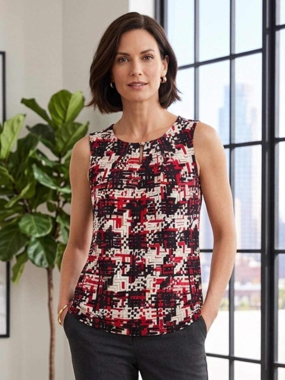 Take 50% OFF- Talbots Abstract Geo Print Sleeveless  Tops, Size-8